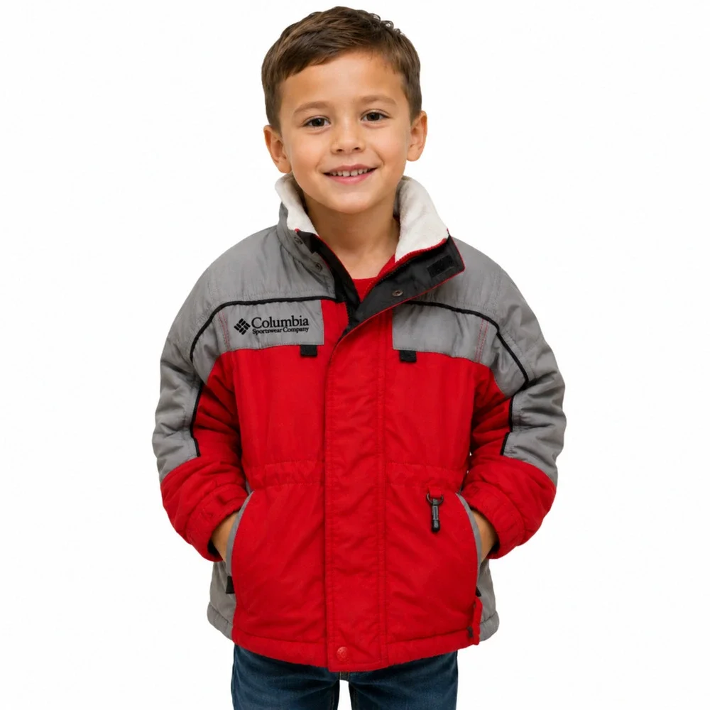 Columbia Winter Jacket Youth 6/7 Gray Red Ski Coat Insulated Pockets No Hood